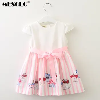 

MESOLOHan Edition Girls Dress In Summer Paragraph 18 New Perfume Bottles Stripes Hubble-bubble Sleeve Splicing Sundress