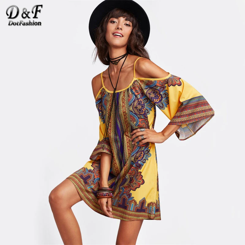 Dotfashion القبلية طباعة كيمونو كم اللباس 2019 الصيف متعدد الألوان قصيرة اللباس النساء 3/4 كم الباردة الكتف تونك اللباس التحول