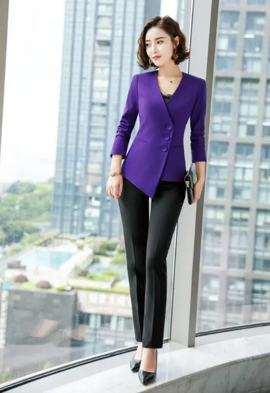 Женские деловые костюмы, рабочая одежда для офиса, униформа для женщин, офисные костюмы, блейзеры, Feminino, Униформа, элегантные деловые брюки, костюмы, 2 пирога - Цвет: purple pant suits