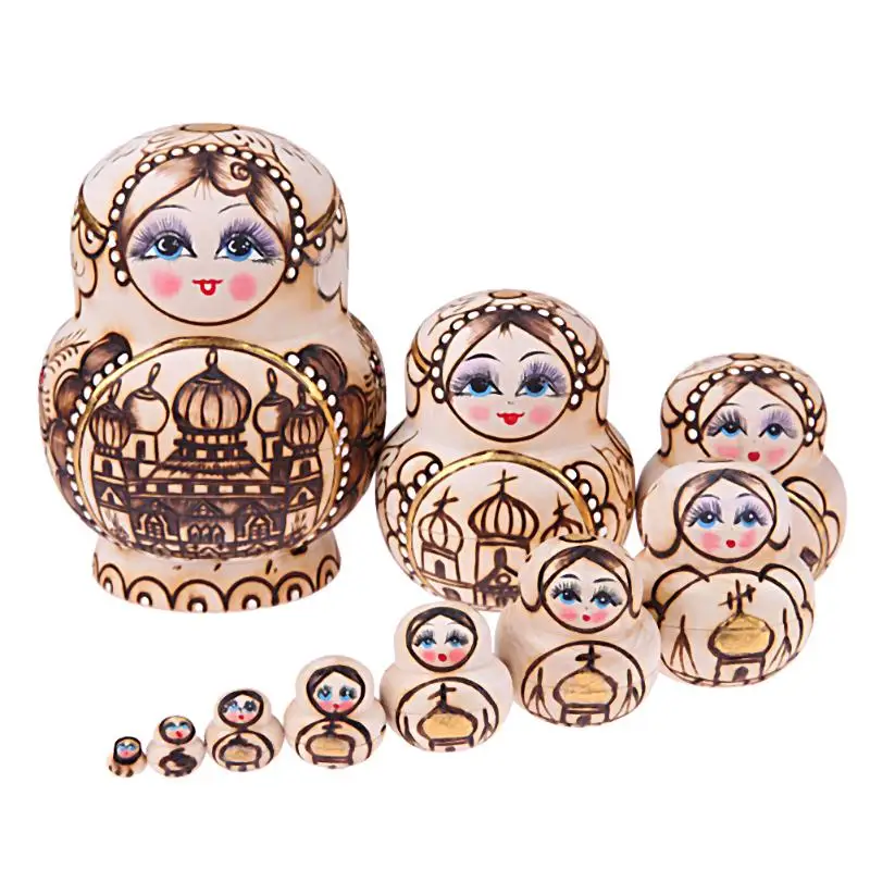 

10pcs/set Wooden Matryoshka Doll 10 Layers Castle Pattern Russian Nesting Dolls DIY Handmade Wood Craft Toy Gift