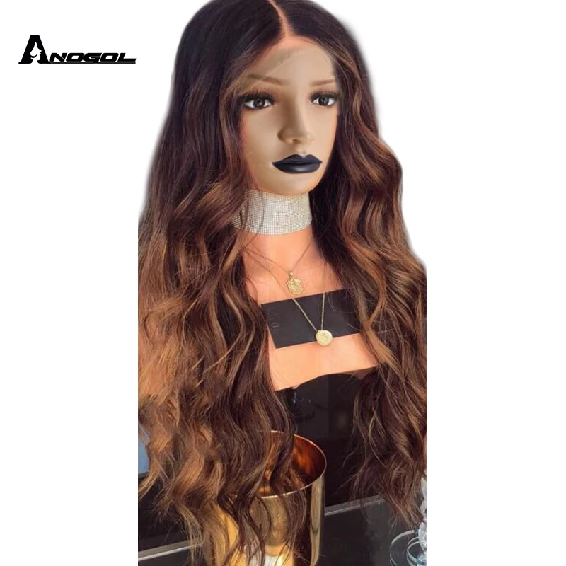 

Anogol Ombre Brown Long Deep Wave Synthetic Lace Front Wig With Baby Hair Heat Resistant Wig 180% Density Wigs For Black Women