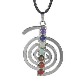 

Silver Plated 7 ReiKi Stone Beads Energy Symbol Pendants for Necklace Fashion Women Men Healing Balance Chakra Pendant Jewelry