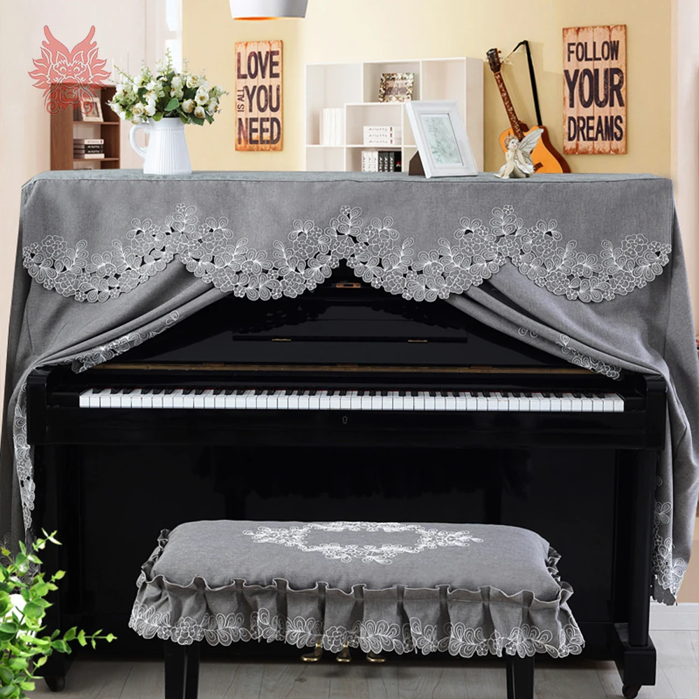 Modern style floral embroidery grey upright piano cover two seat stool