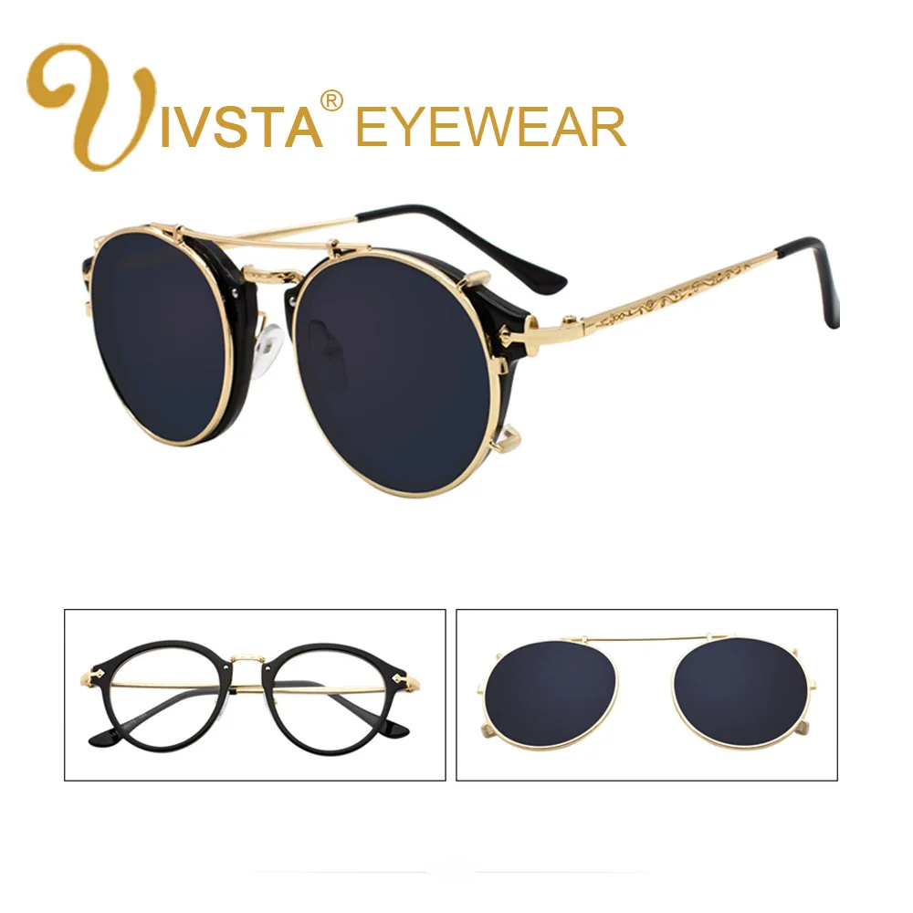 IVSTA Clip On Sunglasses Men Removable Flip Up Glasses Round Steampunk Women Optical Frame Graduated Retro Mirror Lenses|Men's Eyewear Frames| - AliExpress