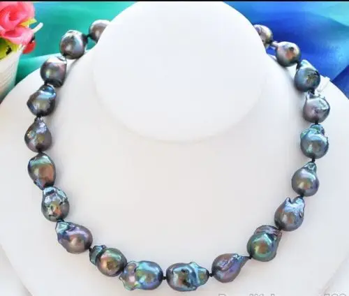 

huij 001175 16MM baroque tahitian black blue green pearl necklace 18inch