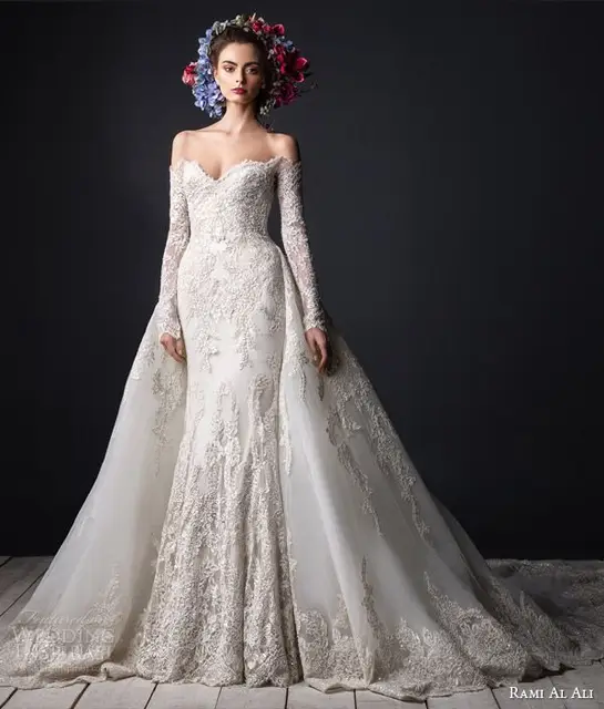 2016 Designer Luxury Wedding Gowns With Detachable Tail Off The 2016 Designer Luxury Wedding Gowns With Detachable Tail Off The Shoulder Vintage Lace Lique Dresses