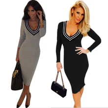 Sexy V neck women font b dress b font long sleeved autumn winter bodycon sheath fitted