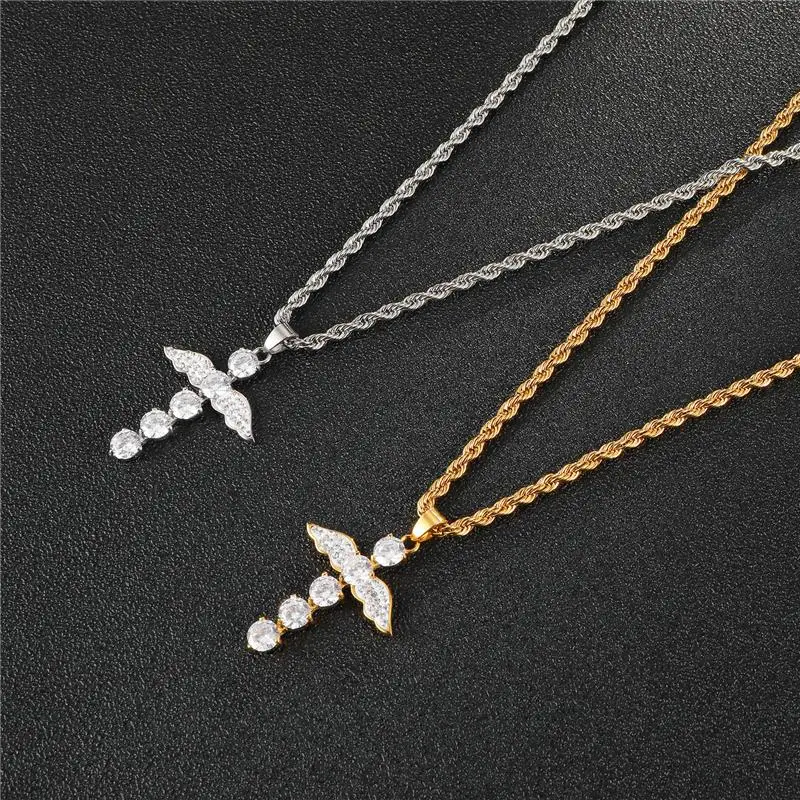 

HIP Hop Stainless Steel Angel Wings Iced Out Bling Cross Necklaces & Pendants Gold Color For Men Jewelry Rope Chain Dropshipping