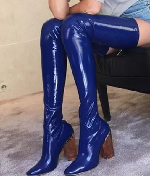Stretch Schuhe Frauen Knie Leder Reiten Über Stiefel A45 Oberschenkel Patent Heels Hoch qYv1q