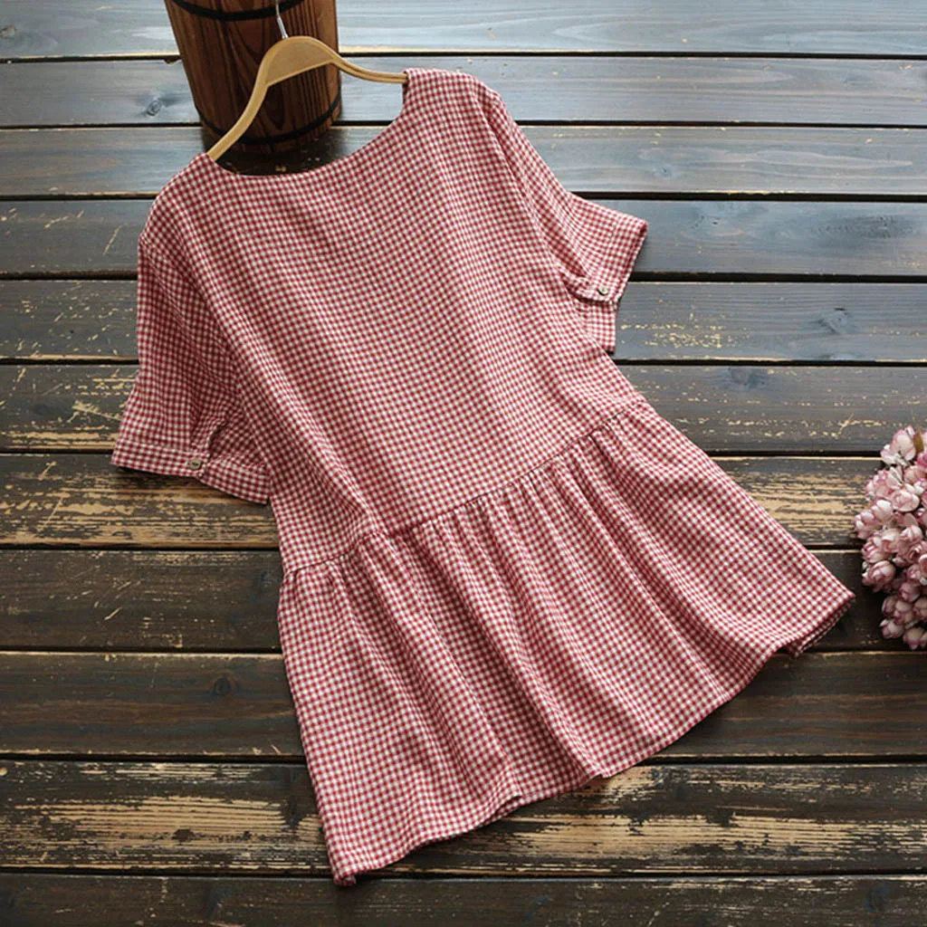 Plaid Large Size Women Blouse Casual Women's Tops Plaid Printing Short Sleeve Blouses Button Lose Tank Tops Blusas Mujer De Moda