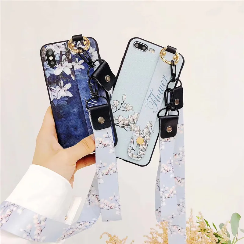 LUDI Hot 3D Vintage Floral Phone Case for iPhone 7 7Plus Soft TPU Fashion Flowers Wrist Strap Phone Bag for iPhone X 6 6s 8 Plus6