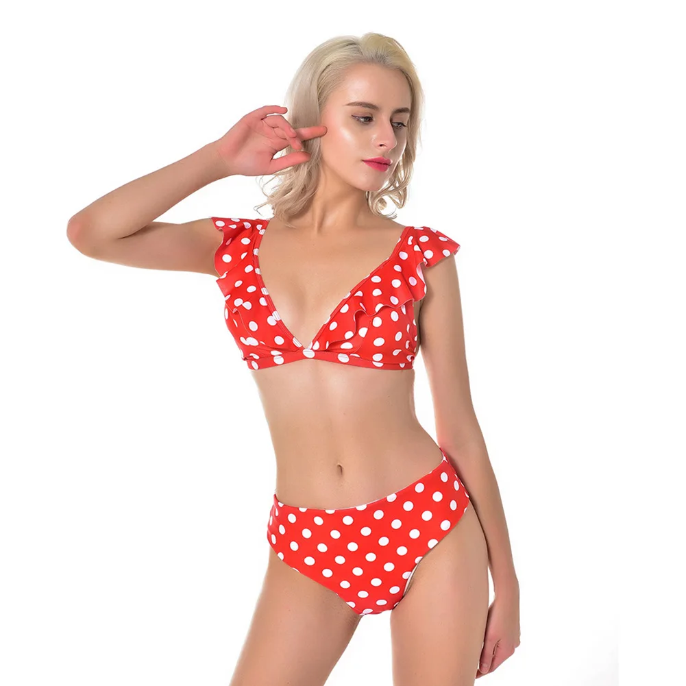

Women Summer Print Bikini Top with Pants Deep V Neck Polka Dots Ruffled Bathing Suit EDF88