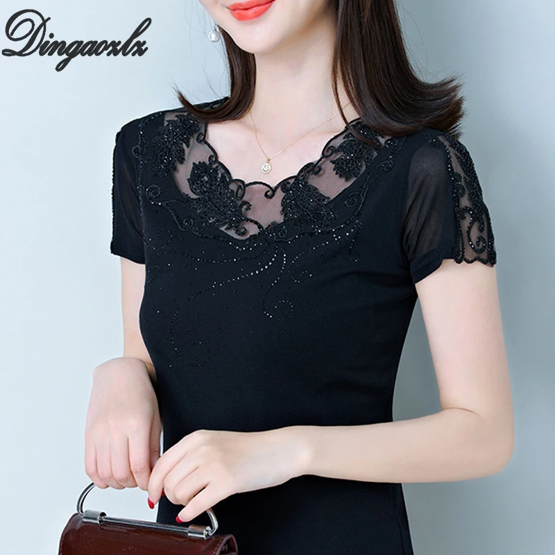 

Dingaozlz 2019 New Short Sleeve Lace Tops Slim Summer Casual Shirt fashion Women blouse Stitching Black shirt Blusa Plus size