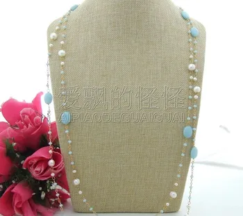 

N101610 74'' White Pearl Blue Crystal Necklace