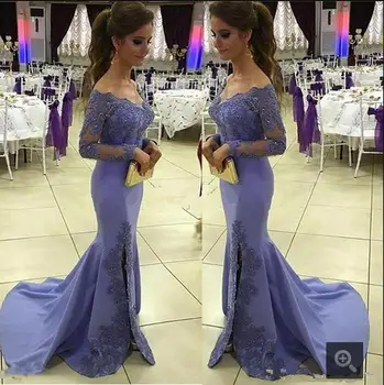 

Fashion Purple Lace Beaded Mermaid Prom Dresses Sexy V-Neck Long Sleeve Formal Women prom gowns best selling