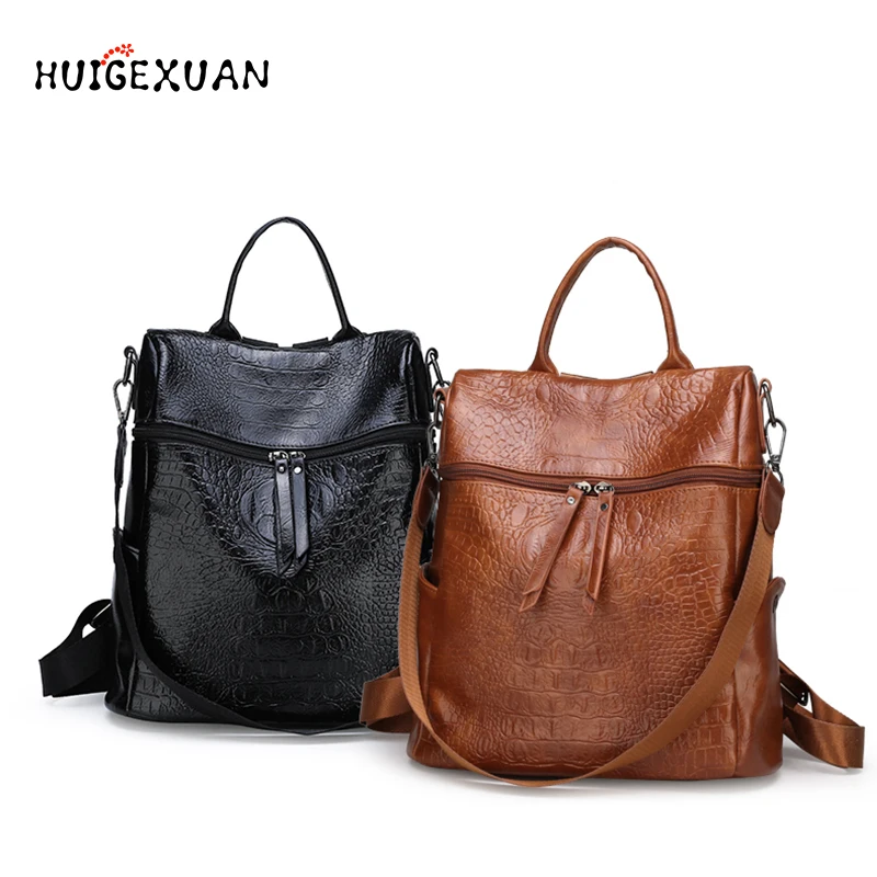 

Female Multifunction Backpack PU leather Solid Color Crocodile Pattern Backpacks Fashion Women Shoulder Bags