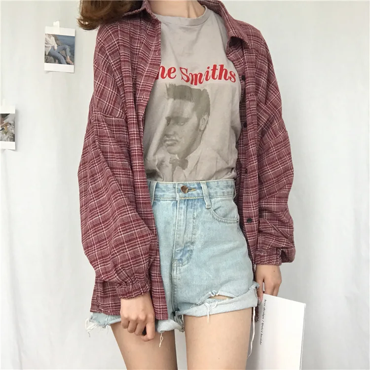

Women Turn-down Collar Shirts Casual Plaid All-match Loose Long Sleeve Students Ulzzang Single Breasted Womens Korean Harajuku