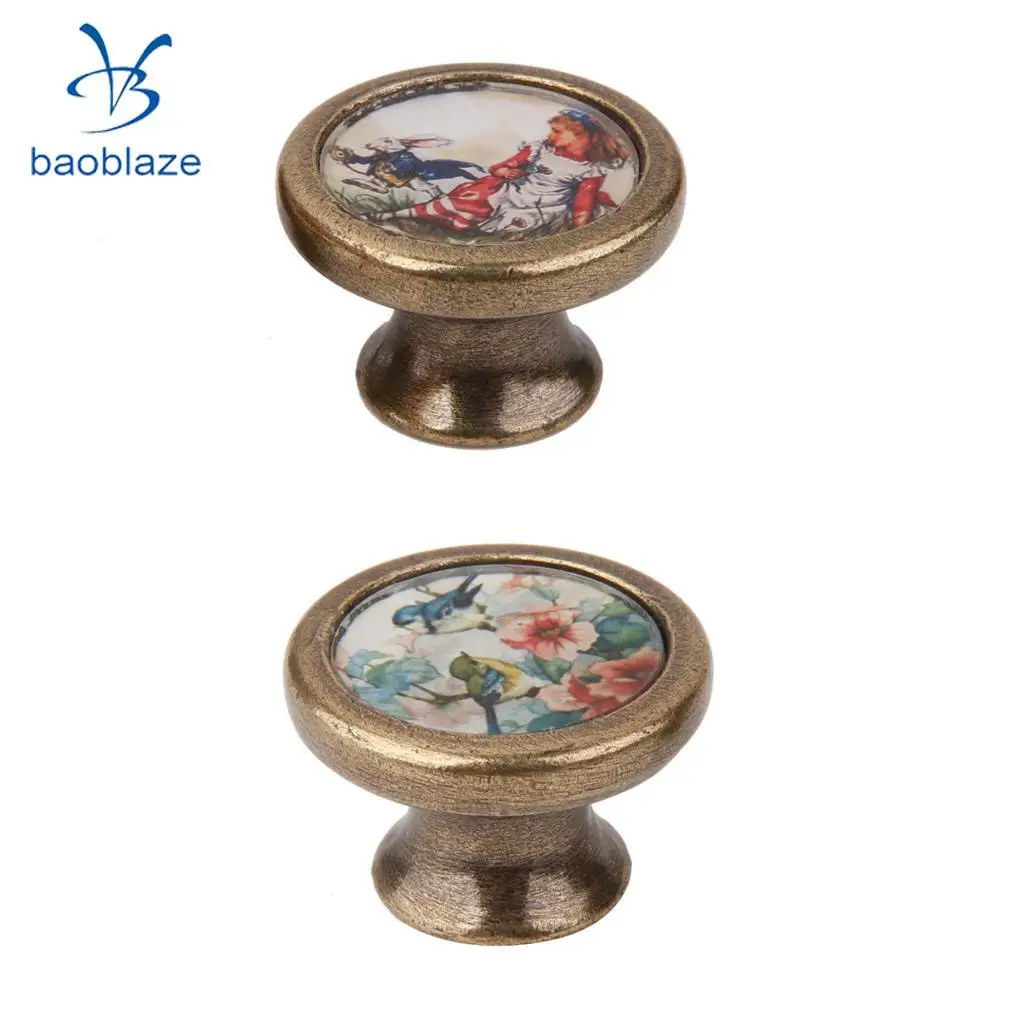 2 Pieces Vintage Retro Brass Round Cabinet Door Drawer Closet Dresser Pulls Handle Knobs with Screws Rabbit Girl + Birds Flower