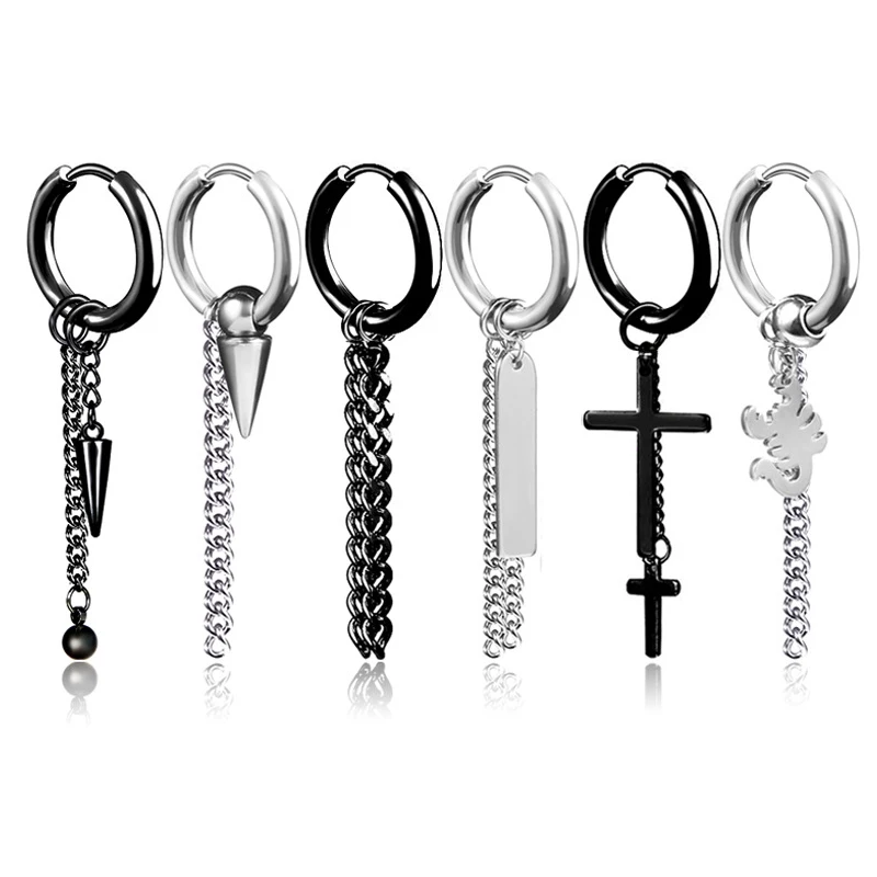 

1PC Cross Skeleton Star Stainless Steel Hoop Earrings Punk Black Silver Color Tassels Chain Pendant Earrings Jewelry E320