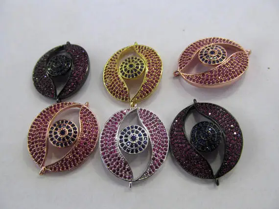 2sets 22mm Handmade Eyes Micro Crystal Pave Diamond Pendant Ruby Fuchsia Red Jewelry Focal Moon Round Disc Evil Connetor | Украшения и