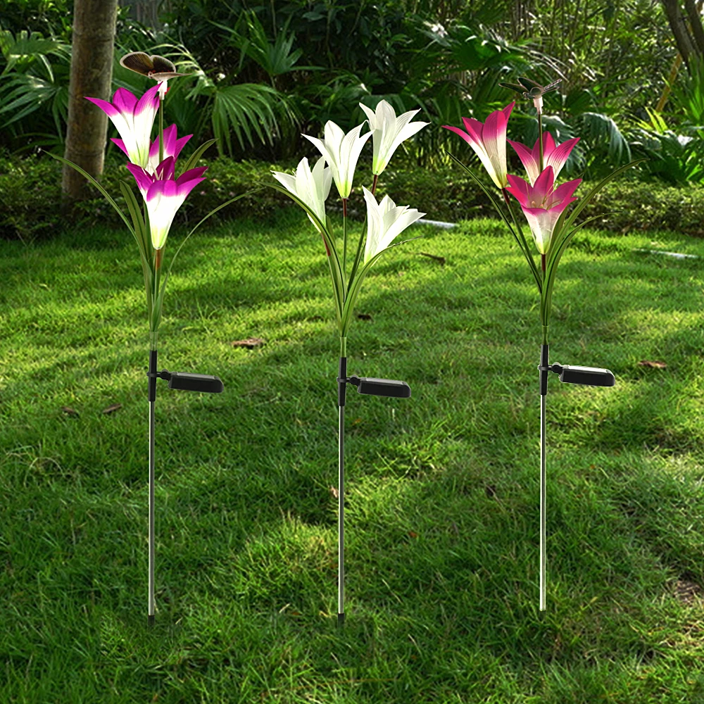 

3PCS Outdoor Landscape Lighting Decorative Garden Lights Solar Powered Butterfly/Dragonfly Lily Flower Lamp with 7 Colors Change