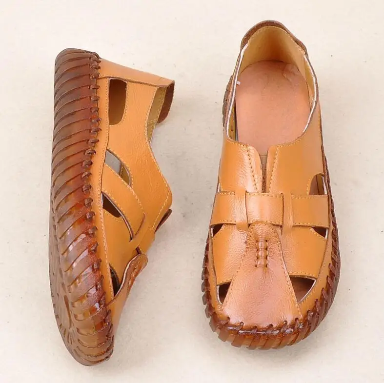 المرأة الصنادل 2018 الصيف السيدات الصنادل الأحذية الجلدية النساء الشقق جلد طبيعي اليدوية ريترو ستايل الأم