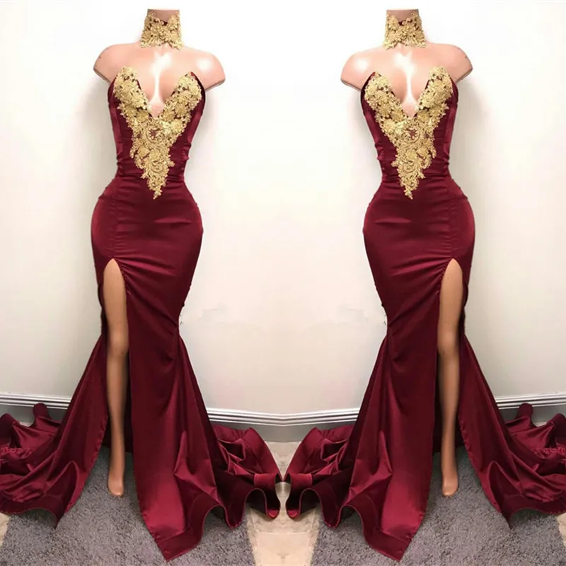 

Long Prom Dresses 2020 Sexy High Slit Gold Beaded Lace V-neck African Black Girl Burgundy Mermaid Prom Dress With Train