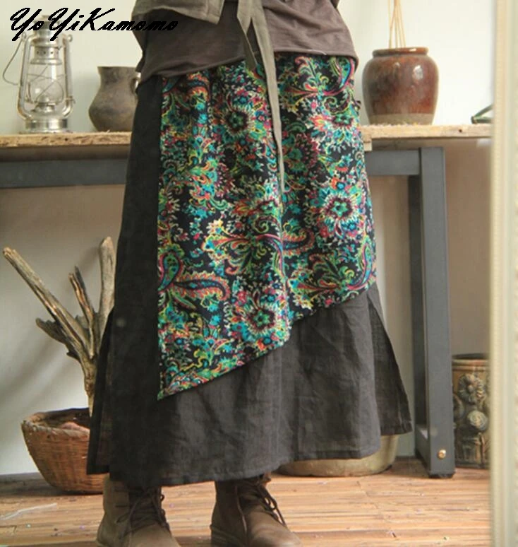 

YoYiKamomo Women Skirt Autumn Cotton Linen Original Printed Skirts Elastic Waist Big Casual Loose Women Skirt