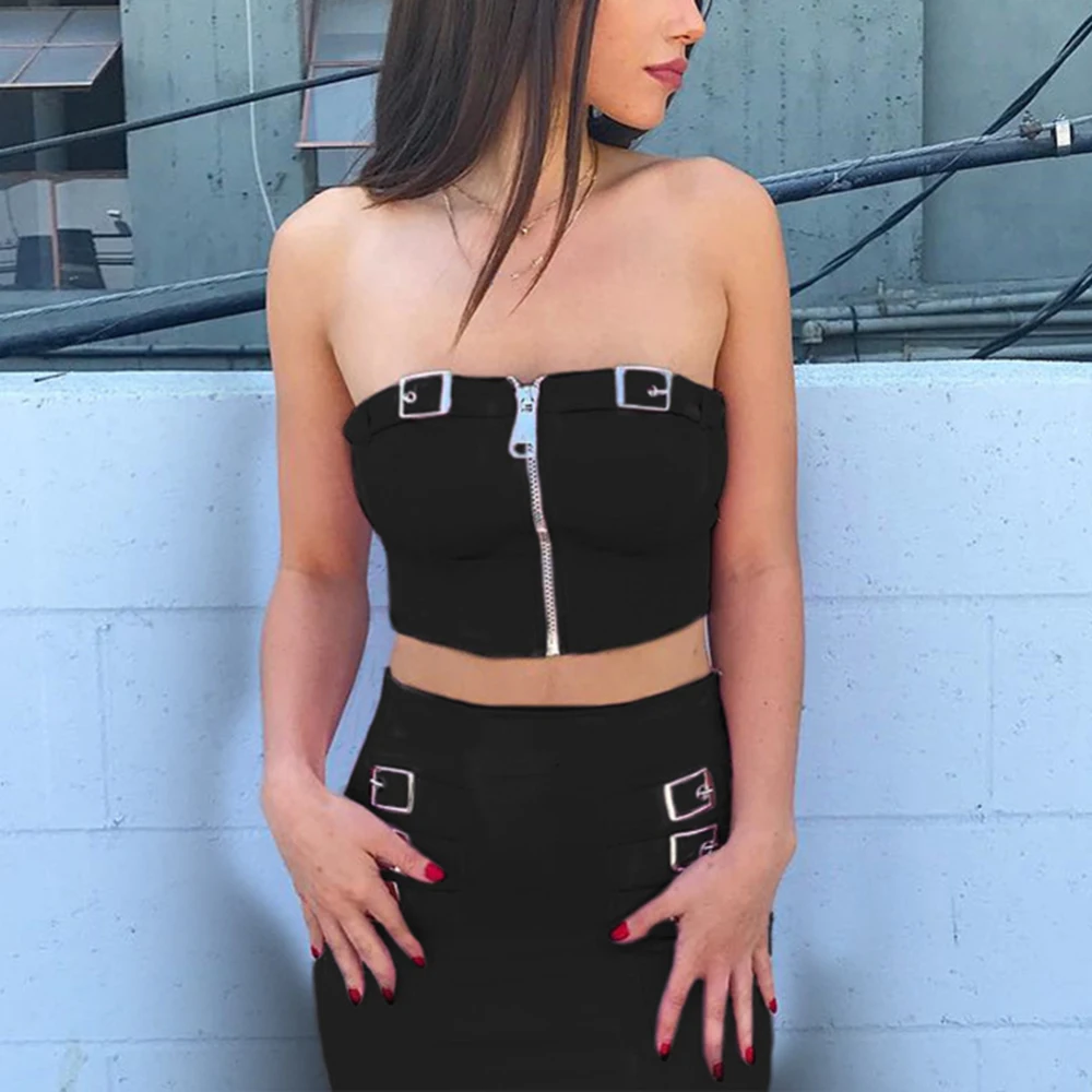 

Women Summer Bandeau Tube Top Strapless Crop Tops Wrapped Chest Sleeveless T-shirt Skinny Zipper Tops Sexy Leaking Navel Tops
