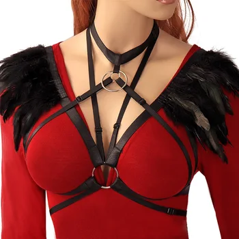 

Feather Harness Cage Bralette Epaulettes Lingerie Cosplay BurningMan Gothic Tops Adjust Shoulder Wings Plus Size Festival Rave