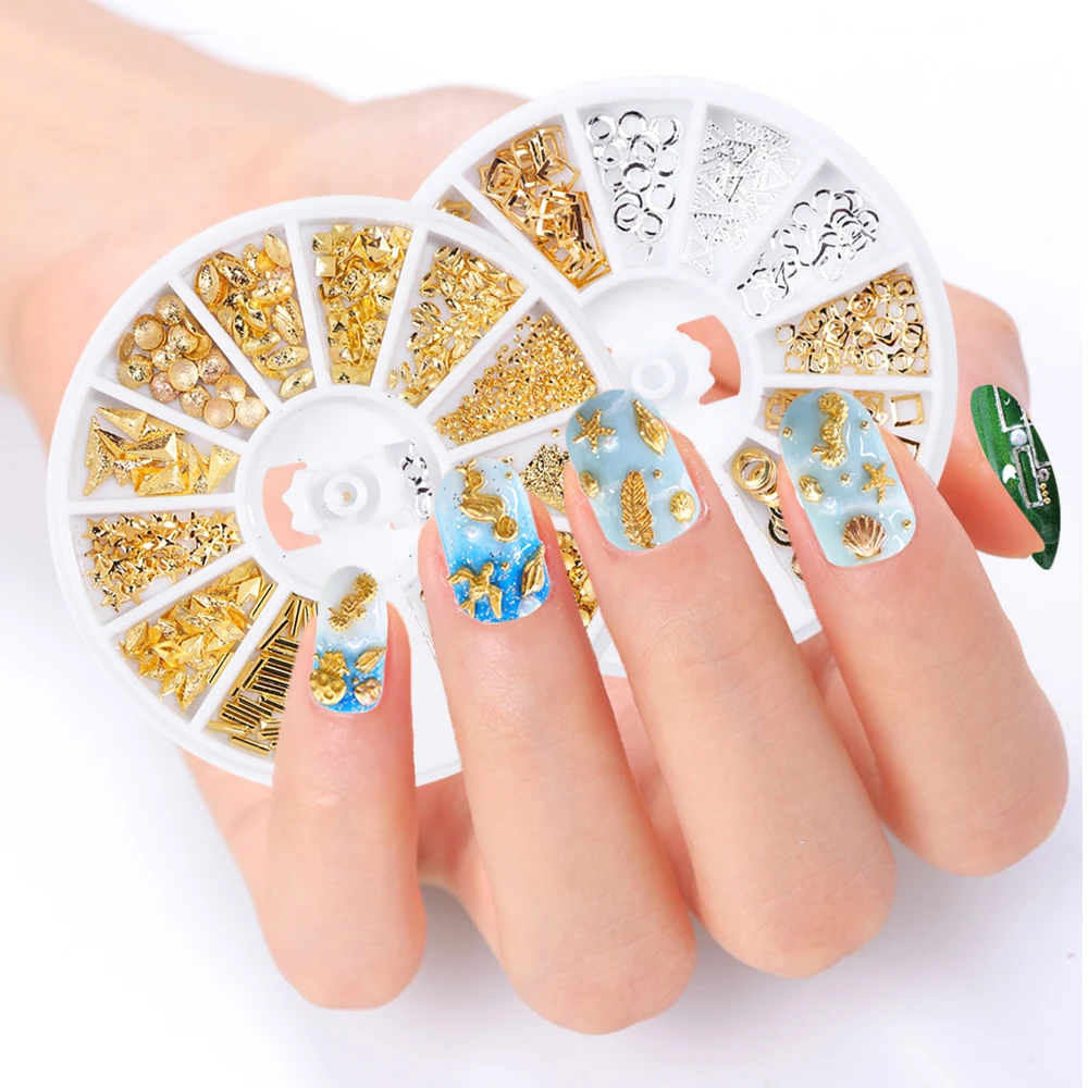 

2 Wheels Hollow Metal Frame Set Nail Studs Gold Silver Copper Sequins Geometry Slice Design Nail Art Decoration Manicure TR773-1