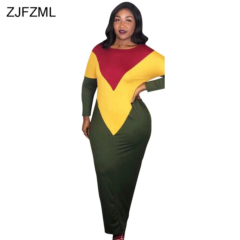 ZJFZML контрастное Повседневное платье в стиле пэчворк для женщин, круглый вырез, длинный рукав, плюс размер, осеннее платье макси, вечерние платья-туники - Цвет: Green