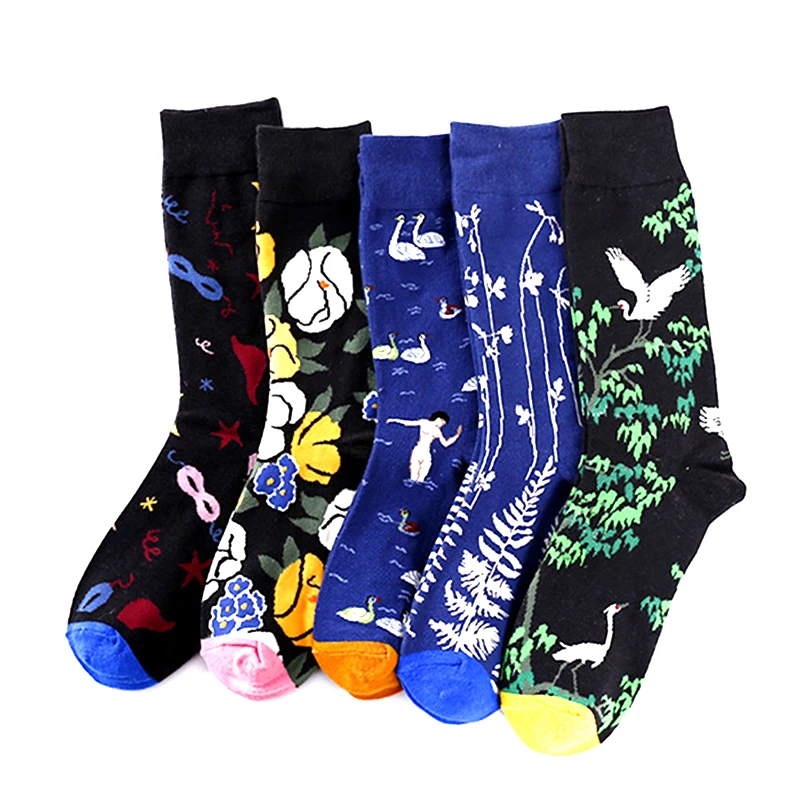 

Personality Happy Street Socks Abstract Art Creative Crane Flowers Men Women Unisex Socks in the tube Cotton Funny Short Socks