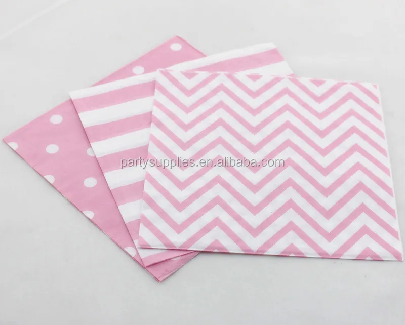 

Free Shipping Pink Paper Napkin 60pcs for Theme Parties with Striped Polka dot Chevron Design