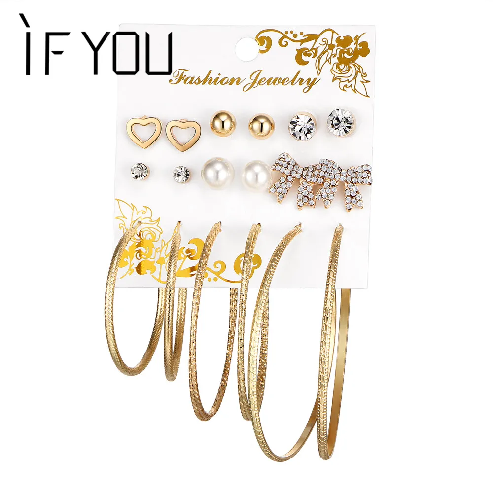 

IF YOU Fashion Stud Earrings Set For Women Crystal Imitation Pearl Heart Bowknot Round Circle Brincos Costume Jewelry 9Pair/Set