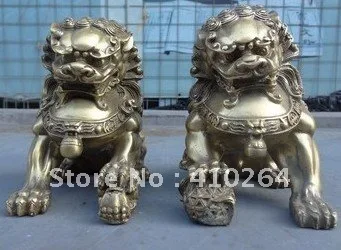 

[Nice Discount ] Beautiful China Pure Brass JiXiang Wealth Foo Fu Dog Men Lion Ball Statue Pair