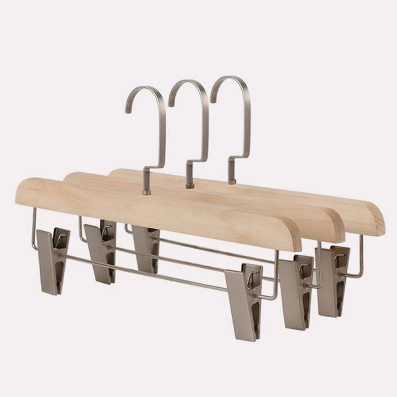12 Pcs Environmental No Painting Wooden Pants Trousers Hanger with Black/ Matte Clips, Natural Healthy Wood Skirt Bottom Hangers