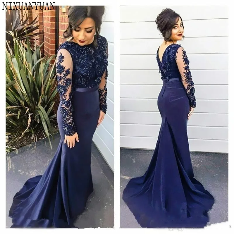 Navy Blue High Neck Lace Mermaid Party Gowns 2019 Long Sleeves Appliqued Party Gowns Evening Dresses Long Prom Dreses Navy Blue High Neck Lace Mermaid Party Gowns 2019 Long Sleeves Appliqued Party Gowns Evening Dresses Long Prom Dreses