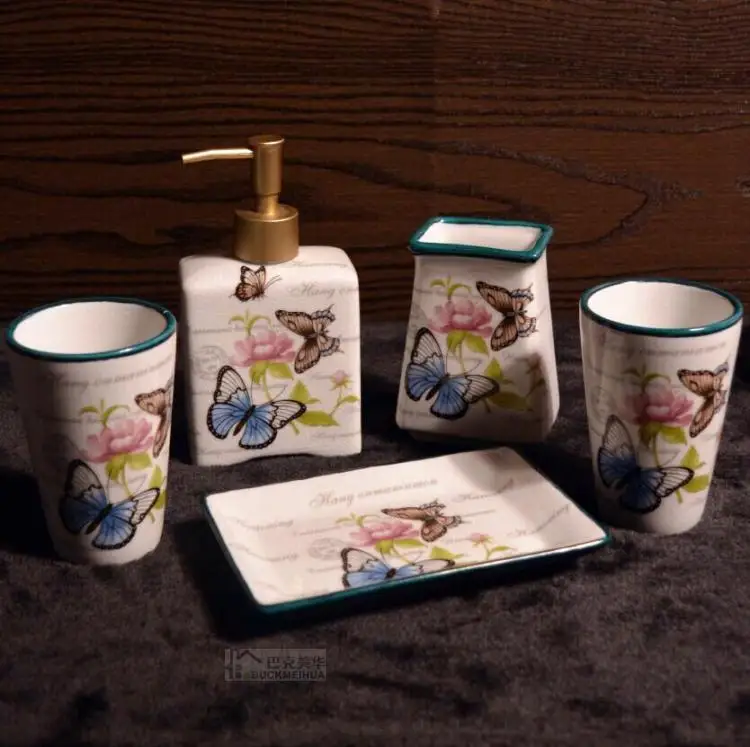 

5pcs set butterfly crackle glaze design ceramic bathroom wash set bathroom toiletries decoration wedding gifts