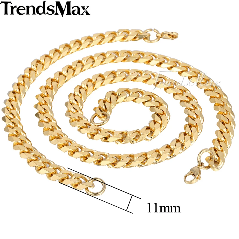 Trendsmax Brand Jewelry Set 11mm Gold/Black Color Men Chain Stainless Steel Necklace Bracelet Curb Link Fashion Hot KS201 KS203