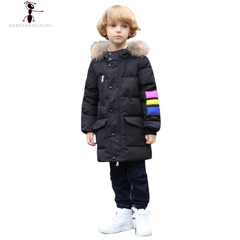 2016 New Arrival Long Solid Boys Hooded Fur Down Coat Jacket Parka Kids Children s Winter
