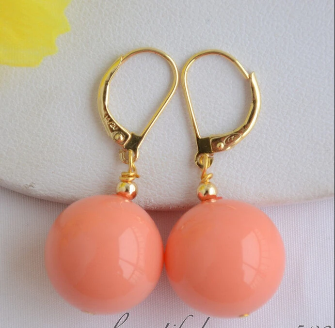 

00 FREE SHIPPING d** Z6543 16MM ROUND PINK CORAL SOUTH SEA SHELL PEARL DANGLE EARRING