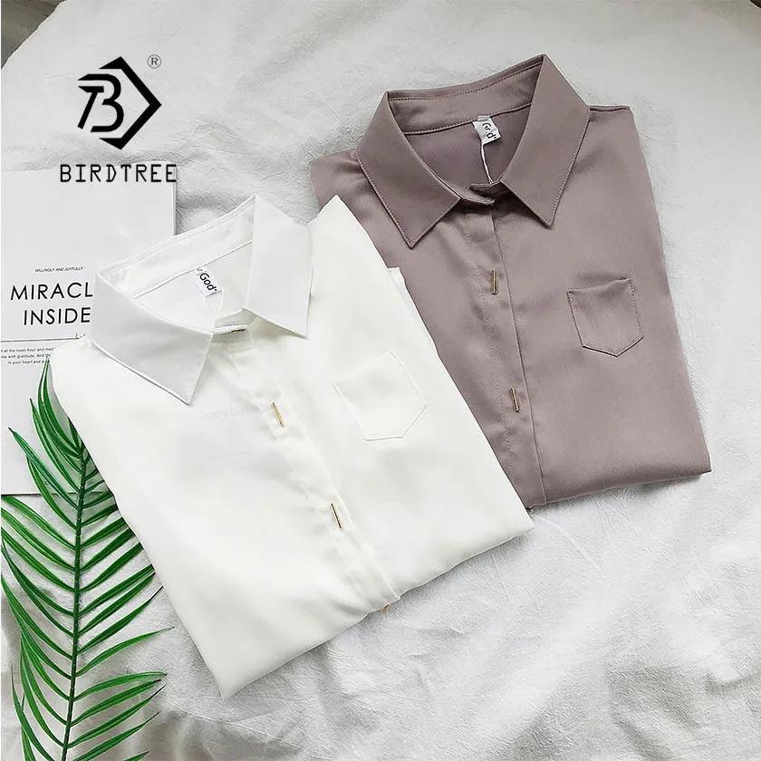 Ceny 2019 nowa koszulka solid Office odzież damska zapinana z długim rękawem skręcić w dół kołnierz kieszenie bluzka Feminina jesień HOT sprzedaży T8D520M