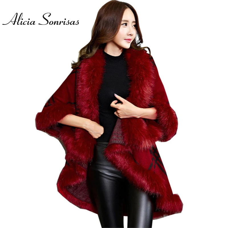 

Faux Fur Coat New Winter Luxury Fashion Faux Fox Fur Poncho Bat Sleeve Long Plaid Knitted Cardigan Shawl Cape Cashmere Coat