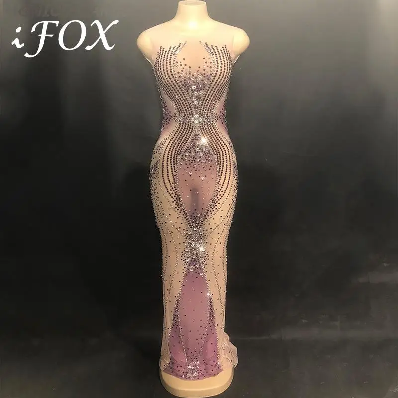 Sparkly Paars Strass Mesh Lange Jurk Vrouwen Verjaardagsfeestje Avondjurk Dans Outfit See Through Prom Vier Jurken Sparkly Paars Strass Mesh Lange Jurk Vrouwen Verjaardagsfeestje Avondjurk Dans Outfit See Through Prom Vier Jurken