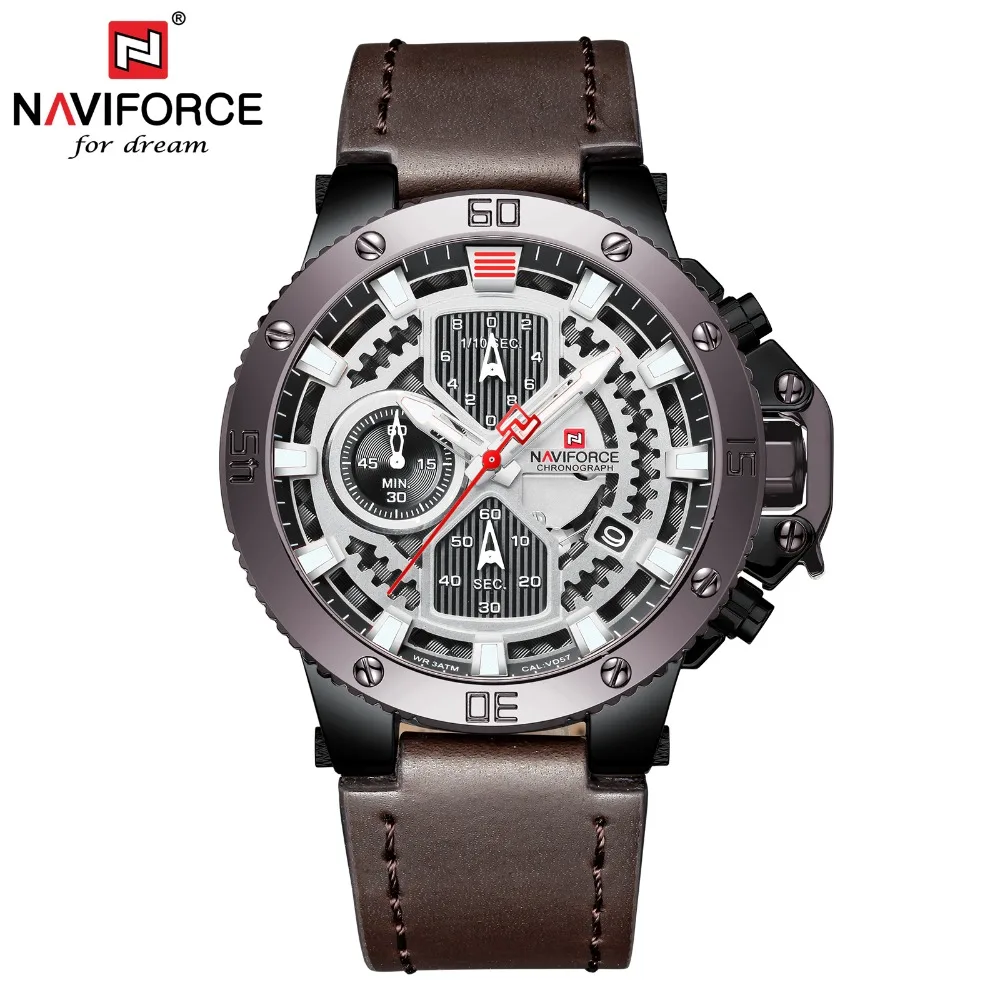 NAVIFORCE кожаный Хронограф Кварцевые часы для мужчин Топ Бренд роскошные кожаные