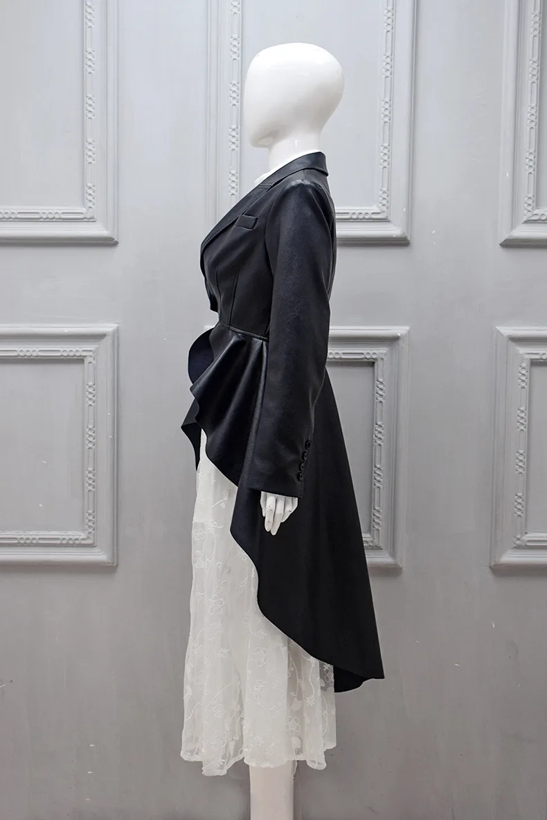 Spring 2019 New Same Black Lotus Leaf Edge Irregular Leather Garment Single Button Turn-down Collar Button black Jacket Women