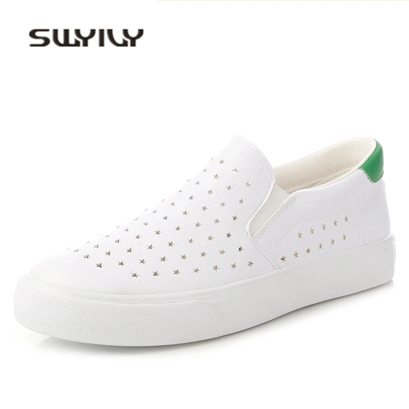 SWYIVY Woman Cavnas Shoes Sneakers Hollow Breathable 2018 Summer Female Casual Shoes Leather Slip On Lazy Shoes Woman Sneakers
