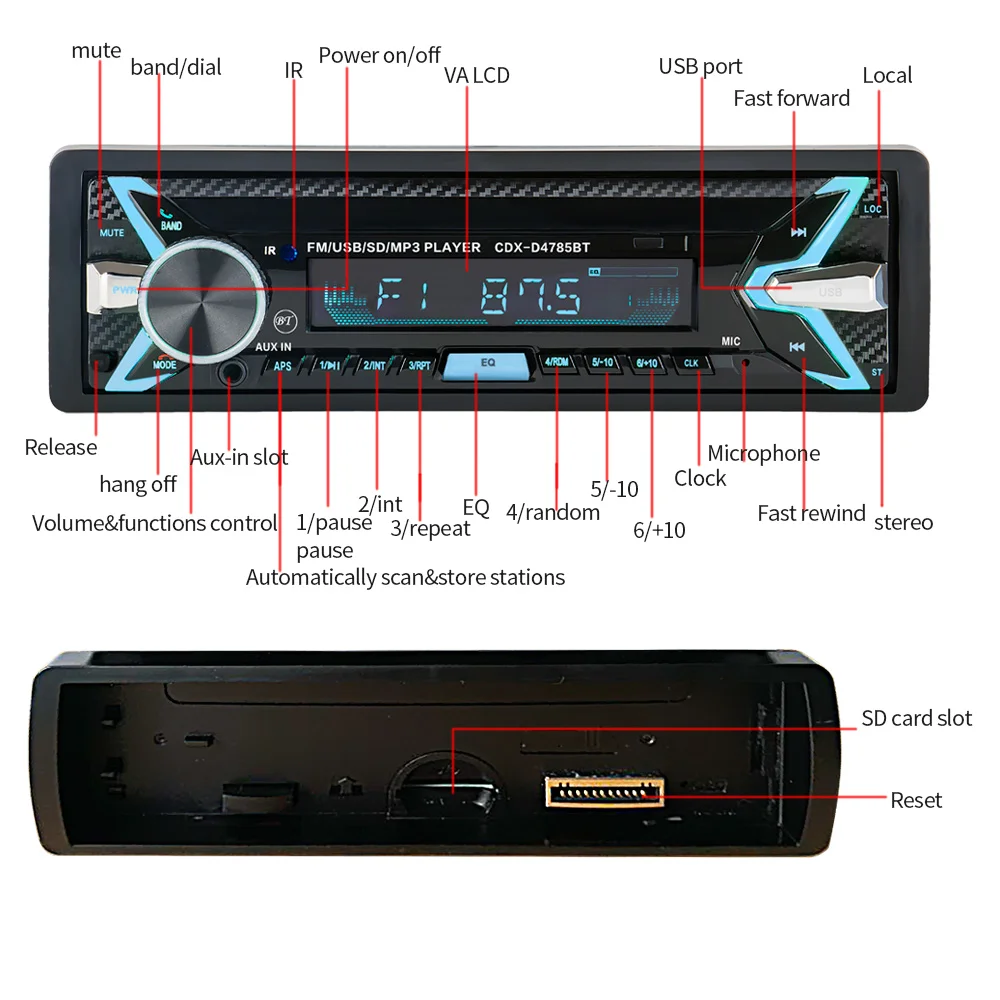 Bluetooth Removable Detachable Panel Autoradio Bluetooth Car Radio Auto FM RDS Stereo Audio Player USB SD ISO 7 Colors Lighting