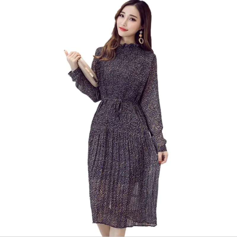 

women clothing 2018 spring autumn korean new Long sleeve loose plus big size print cute Vintag long chiffon dress Female CM097